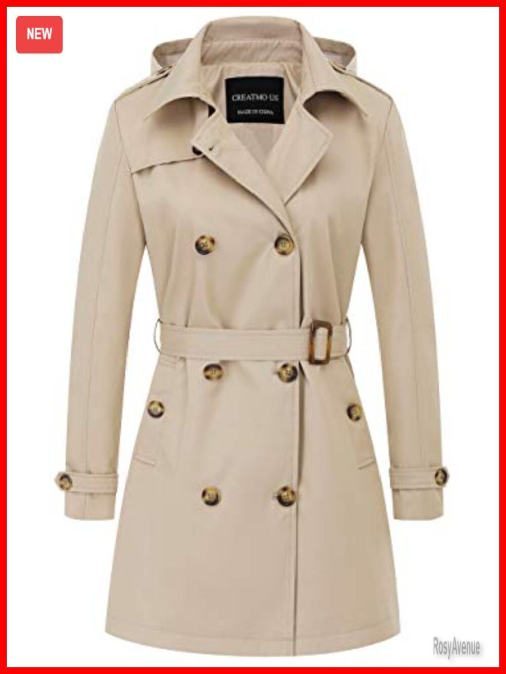 CREATMO US Women's Trench Coat Double-Breasted Belted Slim Outerwear with